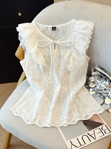 Franclia Women's White Casual Regular Length Plain Ruffle Cap Puff Sleeve Top With Tie Neck In Fabric - White - View 7