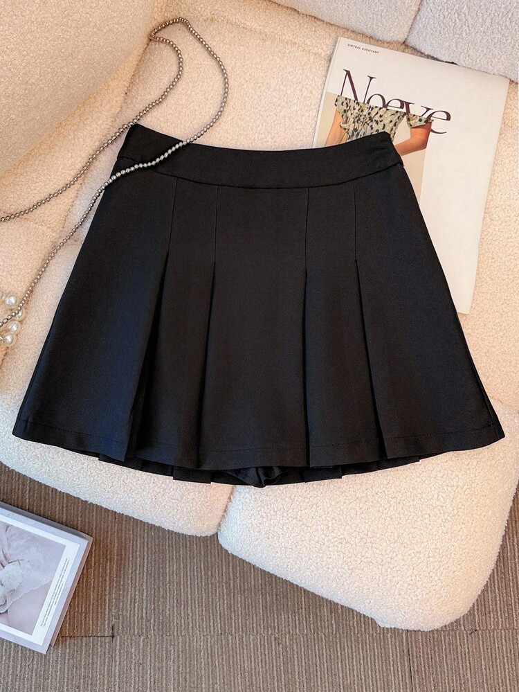 Franclia Casual Solid Color Pleated Mini Skirt, Summer - Black - View 2