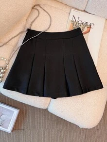 Franclia Falda mini plisada de unicolor casual, de verano - Negro - Ver 7