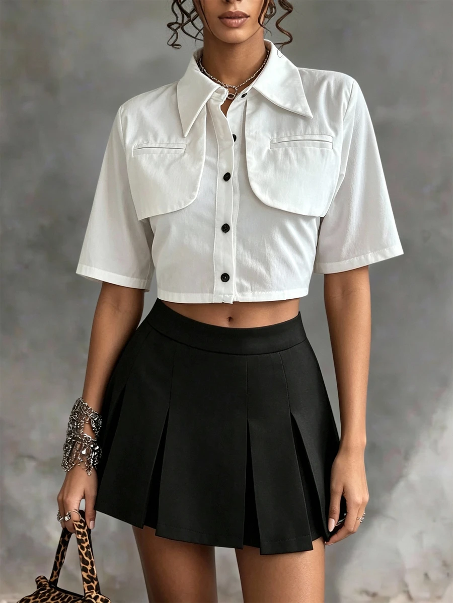 Franclia Falda mini plisada de unicolor casual, de verano - Negro - Ver 1