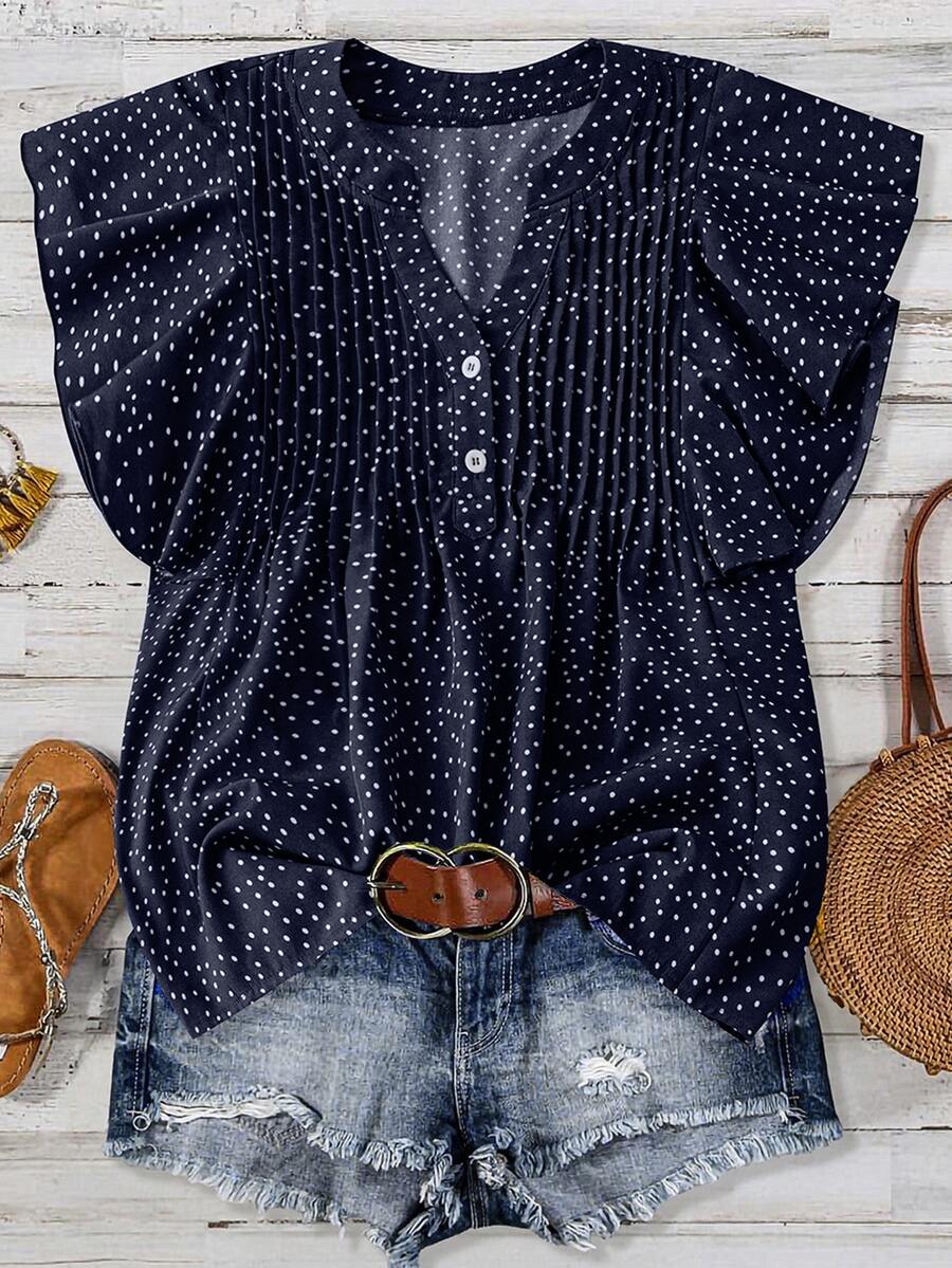 SHEIN Franclia Casual V-Neck Partial Open Ruffle Sleeve Polka Dot Shirt - Multicolor - View 1