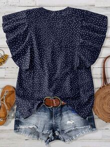 SHEIN Franclia Casual V-Neck Partial Open Ruffle Sleeve Polka Dot Shirt - Multicolor - View 2