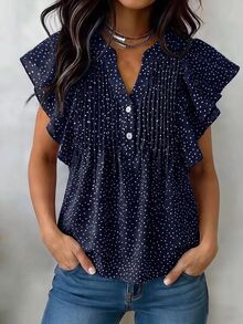 SHEIN Franclia Casual V-Neck Partial Open Ruffle Sleeve Polka Dot Shirt - Multicolor - View 3