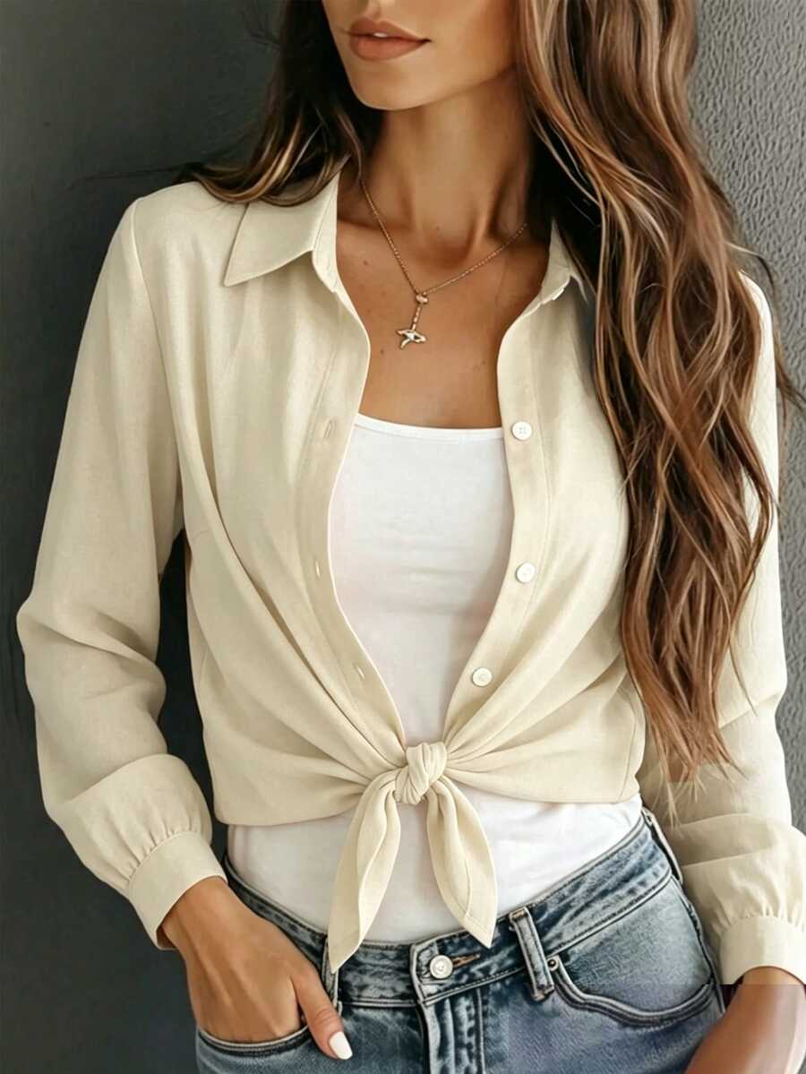Franclia 法式優雅編織翻領長袖綁帶前襟,夏季新款白色女裝襯衫 - 杏色 - 查看 1