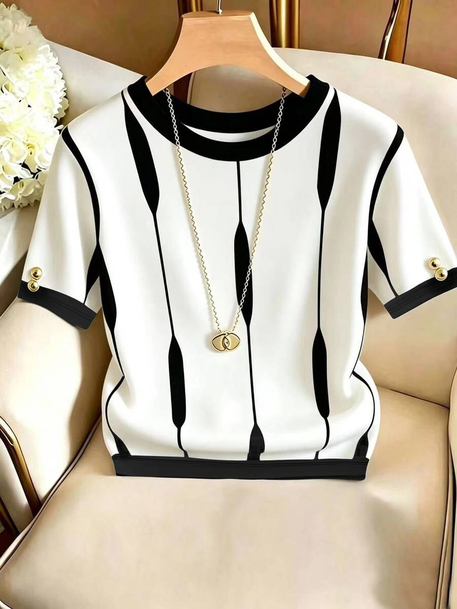 SHEIN Franclia Women's Colorblock Round Neck Short Sleeve Casual Versatile T-Shirt - White - View 1