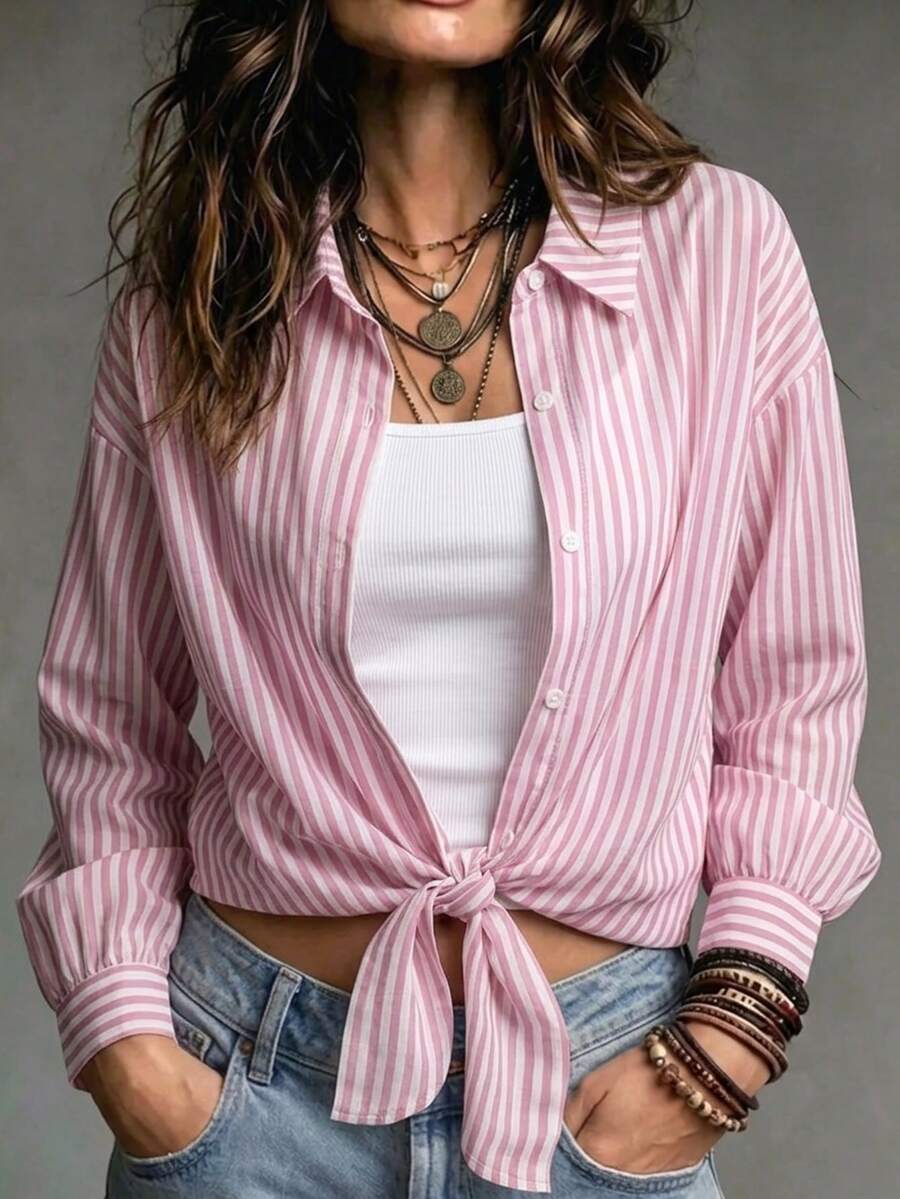 Franclia 法式優雅粉白條紋女款襯衫,夏季休閒約會翻領長袖綁帶上衣,梭織秋季女士襯衫 - 粉色 - 查看 1