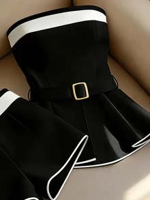 Franclia 女士优雅通勤撞色抹胸上衣和短裤两件套，夏季 - 黑色 - 查看 4