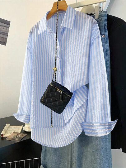 Franclia Camisa casual de manga larga con botones y estampado de rayas para mujer, apta para todas las estaciones