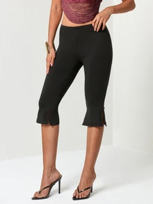 Olia Maree Elastic Knit Fitted Black Capri Length Leggings - Black - View 5