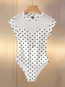 SHEIN 女款時尚夏季白色波點透視網紗小高領修身短袖連身衣，適合音樂節與派對穿搭 - 白色 - 查看 2