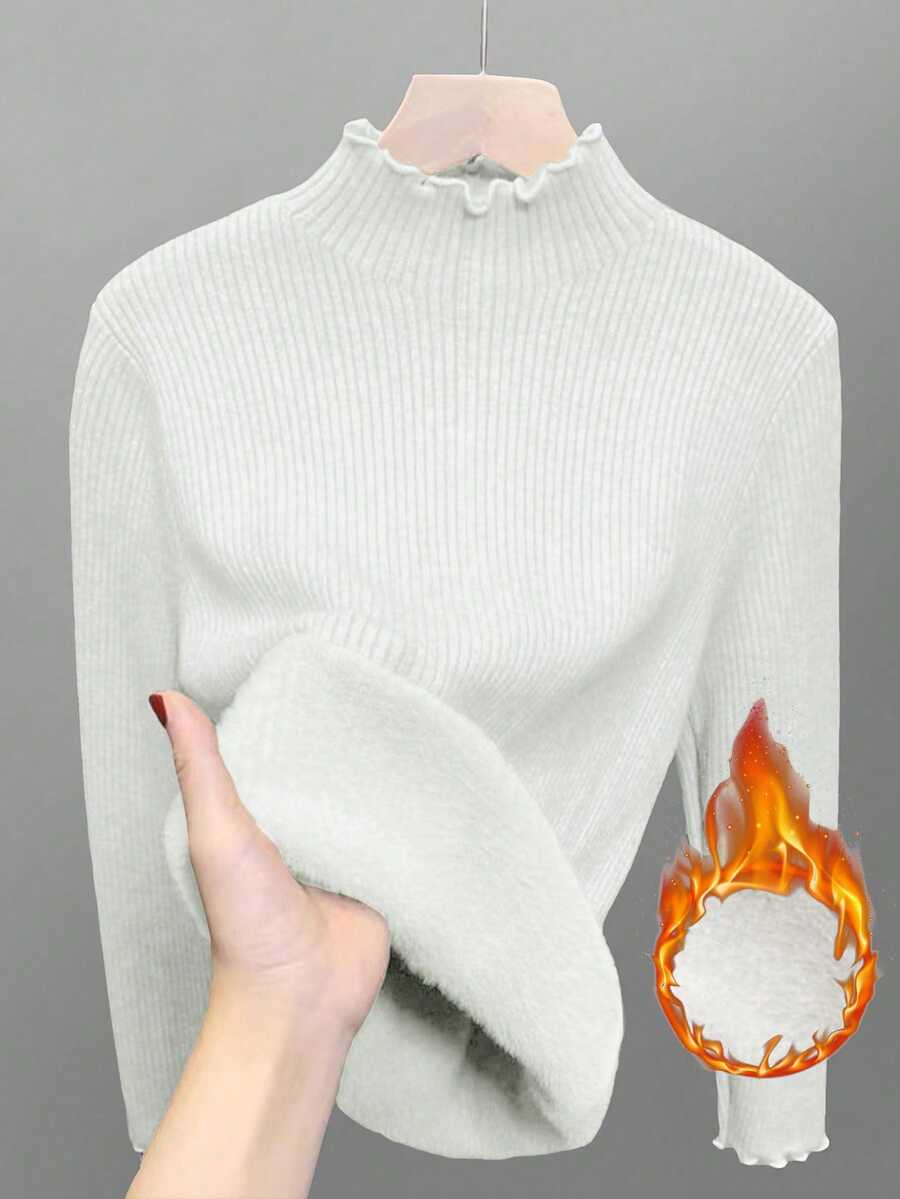 SHEIN Fiorisel 高领荷叶边保暖修身毛衣,秋冬新款加厚长袖套头衫,长袖针织套头衫 - 白色 - 查看 1
