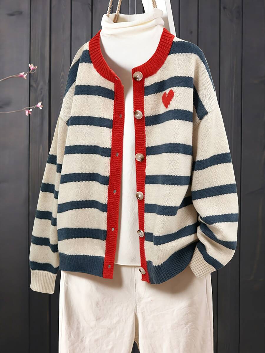 SHEIN Fiorisel 全新女式撞色心形条纹宽松针织开衫毛衣、长袖上衣 - 杏色 - 查看 1