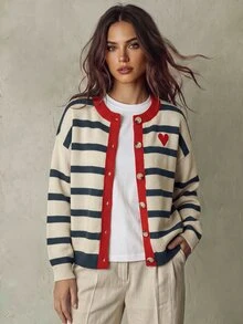 SHEIN Fiorisel 全新女式撞色心形条纹宽松针织开衫毛衣、长袖上衣 - 杏色 - 查看 3
