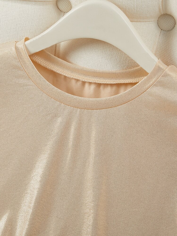 SHEIN Fiorisel Chic And Elegant Mermaid Princess Round Neck Shimmer T-Shirt - Apricot - View 5