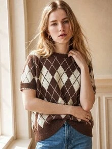 Écloséra French Vintage Loose Round Neck Short Sleeve Knit Grid Jacquard Contrast Color Multi-Color Women's Spring/Autumn Pullover Top,Fall Winter 2026,Plaid - Multicolor - View 4