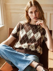 Écloséra French Vintage Loose Round Neck Short Sleeve Knit Grid Jacquard Contrast Color Multi-Color Women's Spring/Autumn Pullover Top,Fall Winter 2026,Plaid - Multicolor - View 5