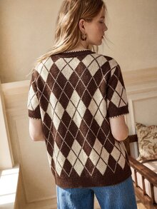 Écloséra French Vintage Loose Round Neck Short Sleeve Knit Grid Jacquard Contrast Color Multi-Color Women's Spring/Autumn Pullover Top,Fall Winter 2026,Plaid - Multicolor - View 6