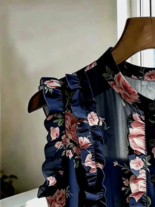SHEIN Franclia 法式復古花卉圖案單排扣荷葉邊飾襯衫，適合夏季、春季、復活節、節慶活動、派對場合、海灘婚禮、畢業典禮 - 藏蓝色 - 查看 4