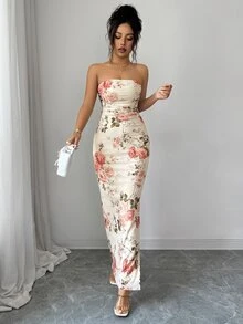 Suri Mira 女款全印花抹胸開衩下擺極簡休閒長洋裝套裝 - 杏色 - 查看 8
