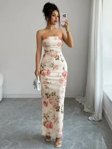 Suri Mira 女款全印花抹胸開衩下擺極簡休閒長洋裝套裝 - 杏色 - 查看 5