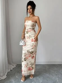 Suri Mira 女款全印花抹胸開衩下擺極簡休閒長洋裝套裝 - 杏色 - 查看 6