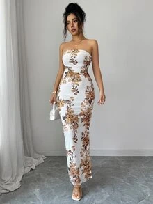 Suri Mira 女款全印花抹胸開衩下擺極簡休閒長洋裝套裝 - 白色 - 查看 5