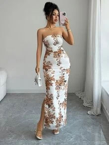 Suri Mira 女款全印花抹胸開衩下擺極簡休閒長洋裝套裝 - 白色 - 查看 7