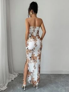 Suri Mira 女款全印花抹胸開衩下擺極簡休閒長洋裝套裝 - 白色 - 查看 3