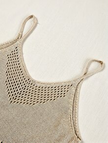 SHEIN 米色波希米亞風鏤空針織女款兩件套，適合夏季海灘度假，細肩帶V領，層次蕾絲鉤編 - 卡其色 - 查看 8