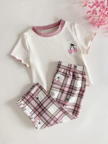 Souflis Souflis 女嬰紋理羅紋水果刺繡圓領短袖上衣與格紋印花長褲居家服套裝 - 米色 - 查看 3