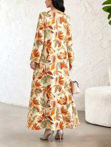 SHEIN Najma 米色大花朵印花領口洋裝，女款V領長袖端莊阿拉伯風服飾，秋季圖案洋裝，適合假期、Ninang、婚禮 - 彩色 - 查看 2