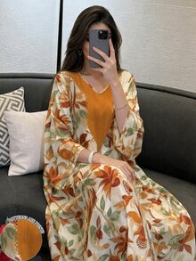 SHEIN Najma 米色大花朵印花領口洋裝，女款V領長袖端莊阿拉伯風服飾，秋季圖案洋裝，適合假期、Ninang、婚禮 - 彩色 - 查看 1