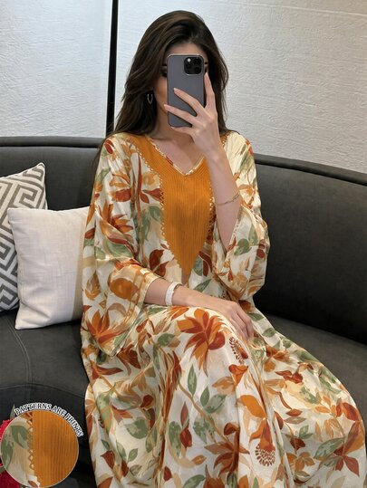 SHEIN Najma Yellow Large Floral Print Collar Light Apricot Dress, Women's Fashion V-Neck Long Sleeve Dress, Elegant Arabic Style Outfit, Spring/Summer Floral Pattern Maxi Dress