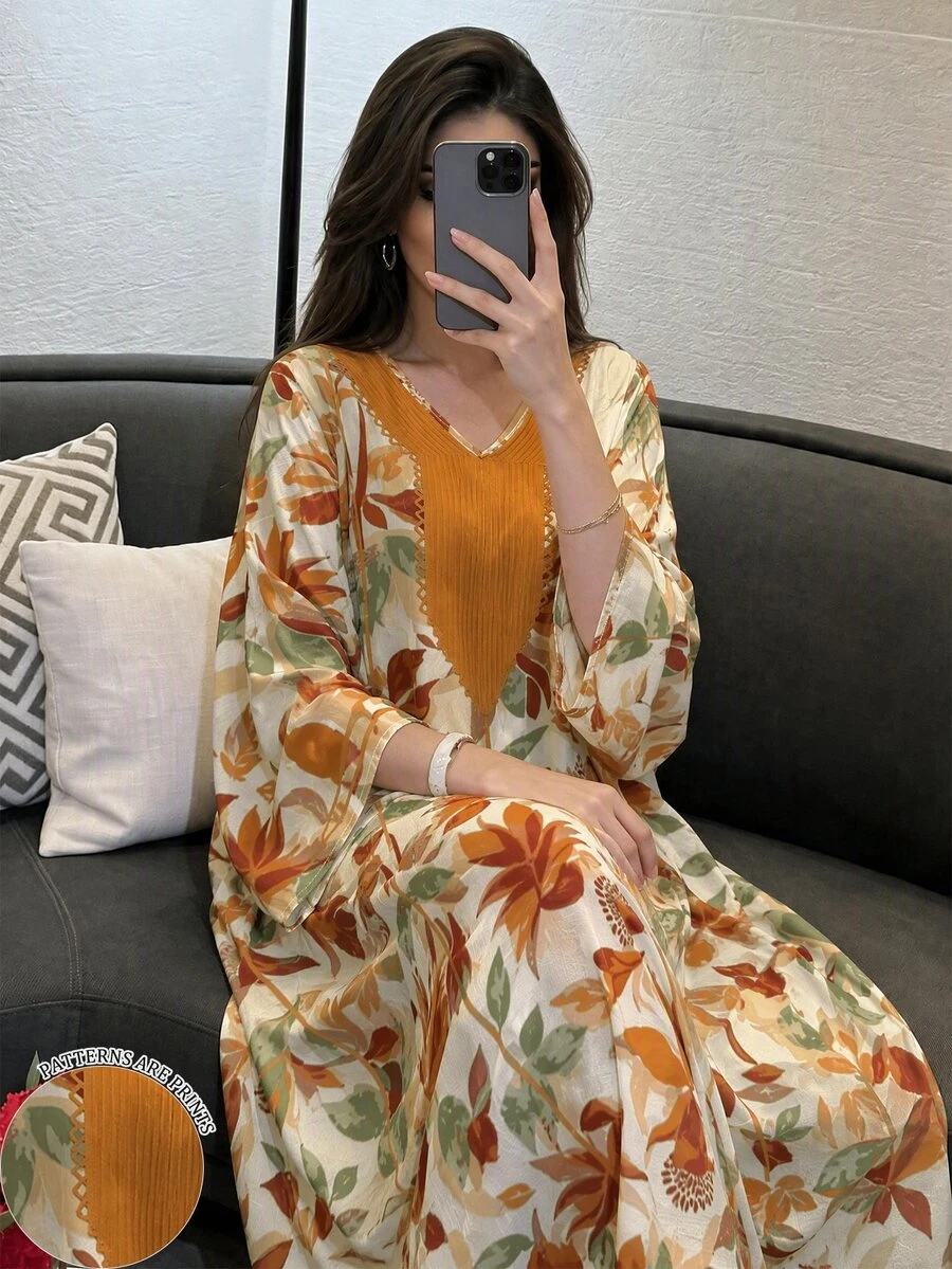 SHEIN Najma 米色大花朵印花領口洋裝,女款V領長袖端莊阿拉伯風服飾,秋季圖案洋裝,適合假期、Ninang、婚禮 - 彩色 - 查看 1