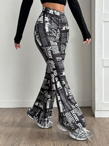Coolane Elastic Waist All-Over Print Flare Leg Casual Pants, Versatile - Black - View 3