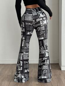 Coolane Elastic Waist All-Over Print Flare Leg Casual Pants, Versatile - Black - View 2