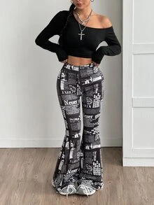 Coolane Elastic Waist All-Over Print Flare Leg Casual Pants, Versatile - Black - View 4
