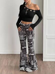 Coolane Elastic Waist All-Over Print Flare Leg Casual Pants, Versatile - Black - View 6