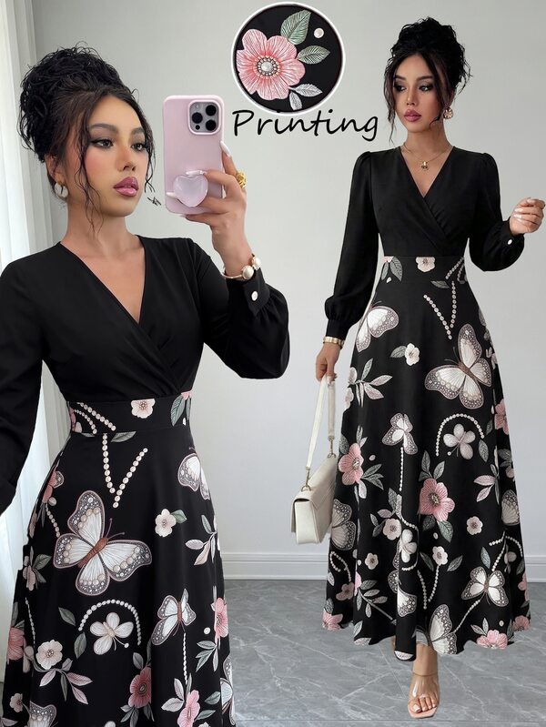 Elenzga Women's Spring/Autumn Minimalist Elegant Chic Date Bar Party After Party Dinner Commute Black Floral V-Neck Puff Sleeve Pearl Button Dress