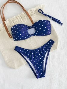 Swim Vcay 女款 2 件式比基尼套裝，藍色波點無肩帶抹胸上衣與高衩丁字褲下著，夏季休閒沙灘度假泳裝套裝 - 藍色 - 查看 7