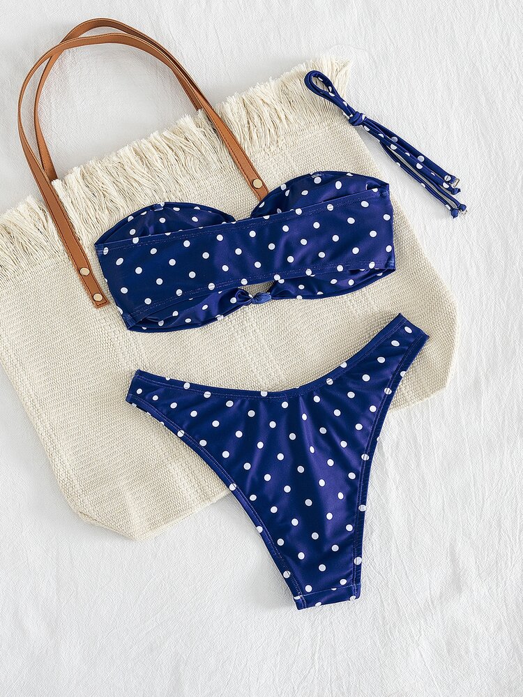 Swim Vcay Women's 2 Pieces Bikini Set,Blue Polka Dot Strapless Bandeau Top & High Cut Thong Bottom,Summer Casual Beach Holiday Vacation Holiday Swimwear Outfit - Blue - View 5