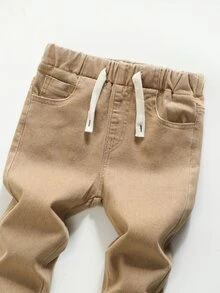 SHEIN Explorewe 小男孩彈性腰帶抽繩百搭極簡舒適彈力修身淺灰色牛仔褲 秋季 - 卡其色 - 查看 4