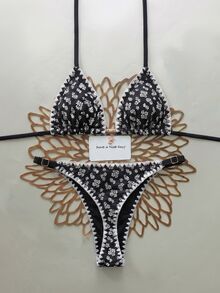 SHEIN Swim Swim Mod 新款女款優雅奢華波希米亞度假風兩件式泳衣，清新淺藍色 - 黑色 - 查看 7