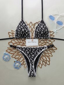 SHEIN Swim Swim Mod 新款女款優雅奢華波希米亞度假風兩件式泳衣，清新淺藍色 - 黑色 - 查看 5