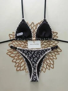 SHEIN Swim Swim Mod 新款女款優雅奢華波希米亞度假風兩件式泳衣，清新淺藍色 - 黑色 - 查看 6