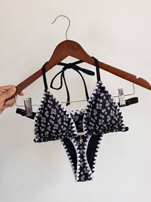 SHEIN Swim Swim Mod 新款女款優雅奢華波希米亞度假風兩件式泳衣，清新淺藍色 - 黑色 - 查看 2