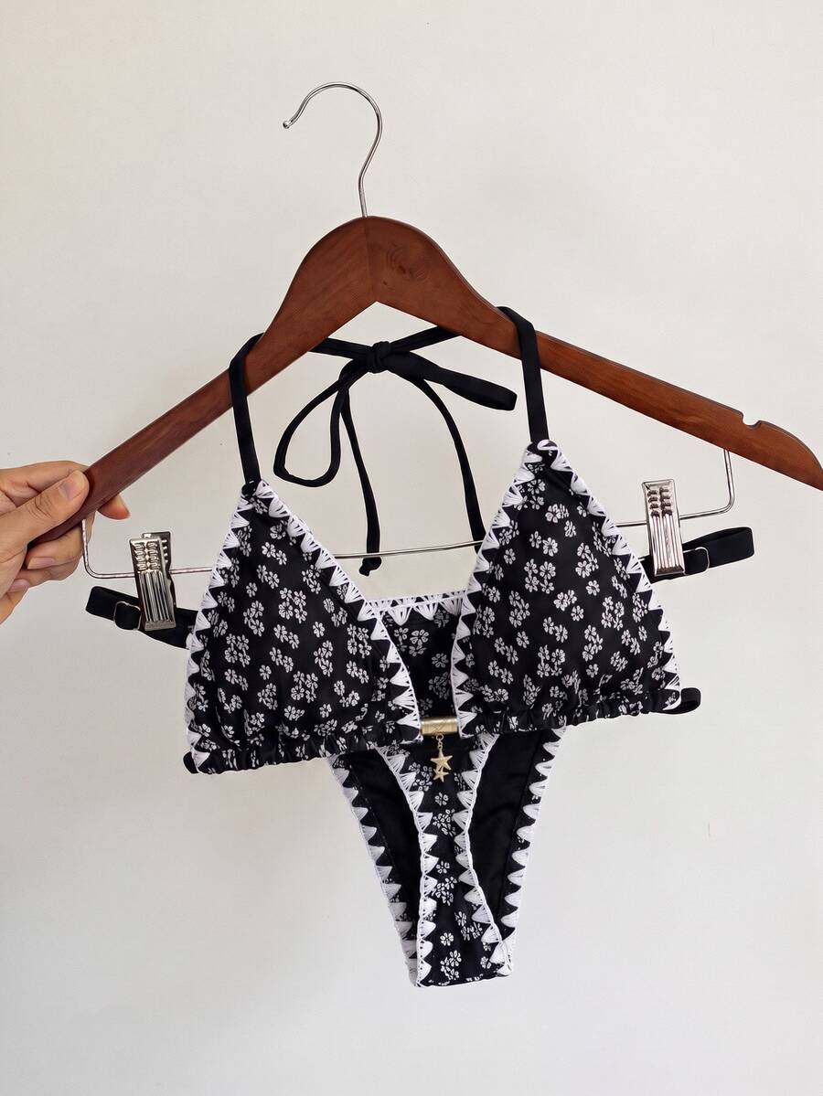 SHEIN Swim Swim Mod 新款女款優雅奢華波希米亞度假風兩件式泳衣，清新淺藍色