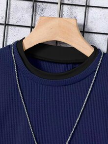 SHEIN Explorewe Tween Boy Casual Loose Basic Loose Basic Waffle Fabric 2 In 1 T-Shirt, Suitable For Spring And Autumn Daily Commute School Navy Blue School - Navy Blue - View 7