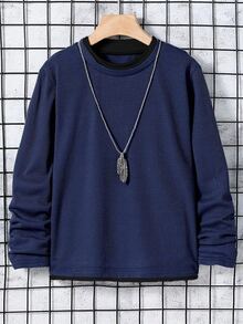 SHEIN Explorewe Tween Boy Casual Loose Basic Loose Basic Waffle Fabric 2 In 1 T-Shirt, Suitable For Spring And Autumn Daily Commute School Navy Blue School - Navy Blue - View 1