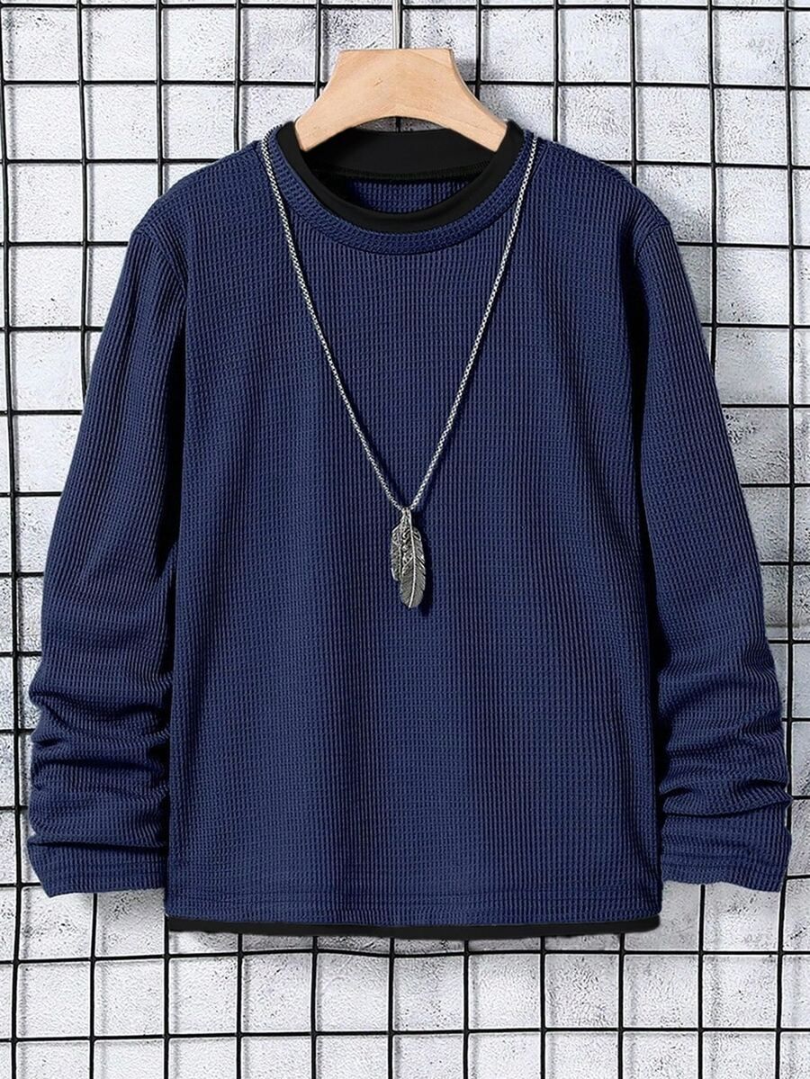 SHEIN Explorewe Tween Boy Casual Loose Basic Loose Basic Waffle Fabric 2 In 1 T-Shirt, Suitable For Spring And Autumn Daily Commute School Navy Blue School - Navy Blue - View 1